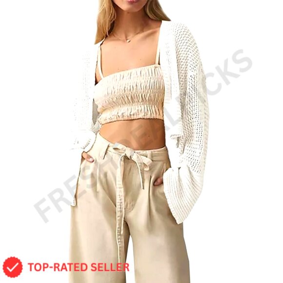 Sweaters - Cropped Cardigan Sweater Lightweight Open Front Knit Boho Chic Summer Outerwear